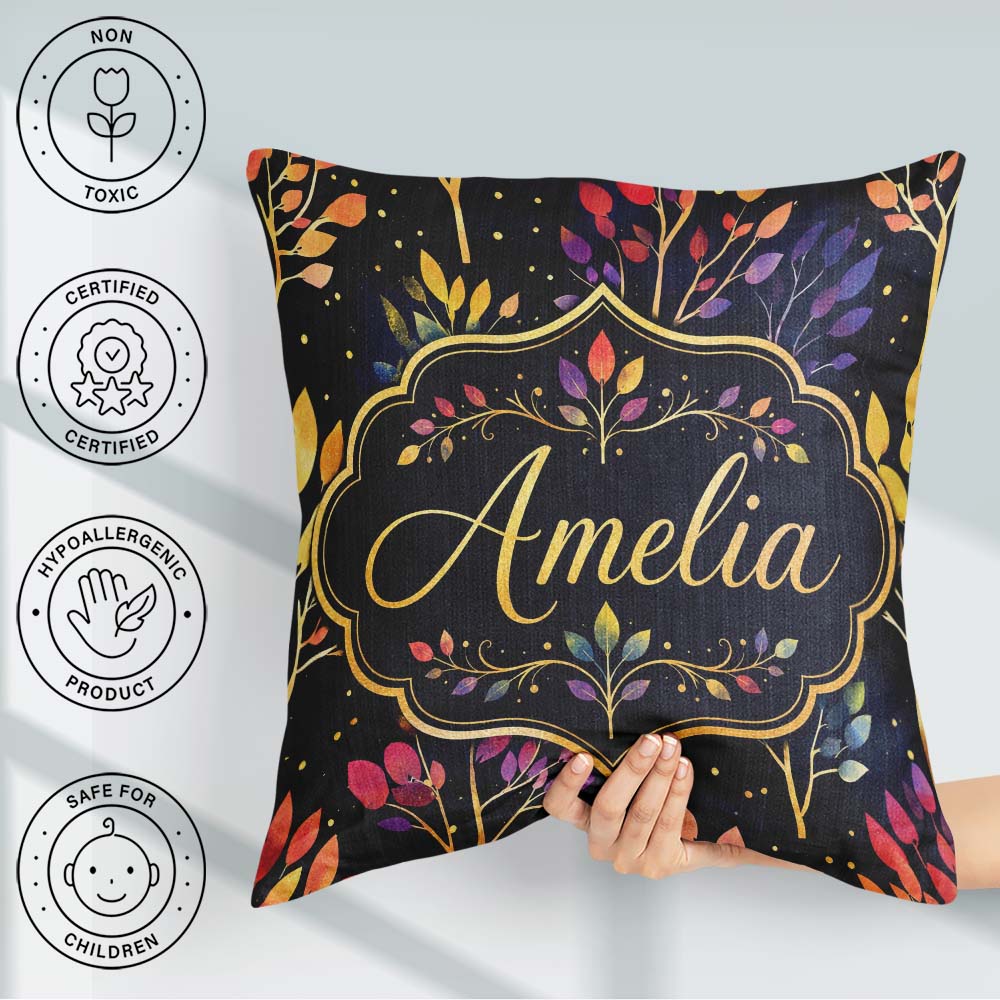 Custom Name Colorful Gradient Leaves and Branches on Dark Night Square Filled Cushion Throw Pillow Sofa Bed Home Decor Zip Washable UK Made
