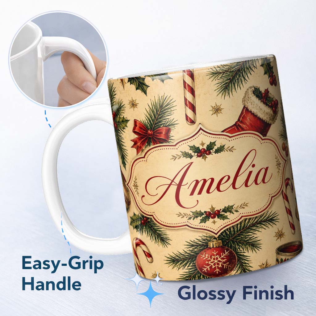 Personalized Custom Name Classic Christmas Stocking Holly Pine Branch Candy Cane Seamless 11oz Ceramic Coffee Tea Mug White Large Handle