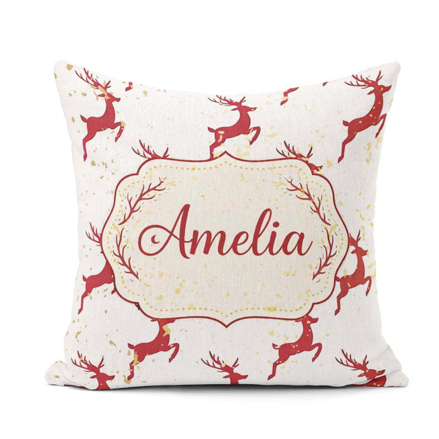 Custom Name Red Reindeer Christmas Seamless Pattern Cute Unique Square Filled Cushion Throw Pillow Sofa Bed Home Decor Zip Washable UK Made