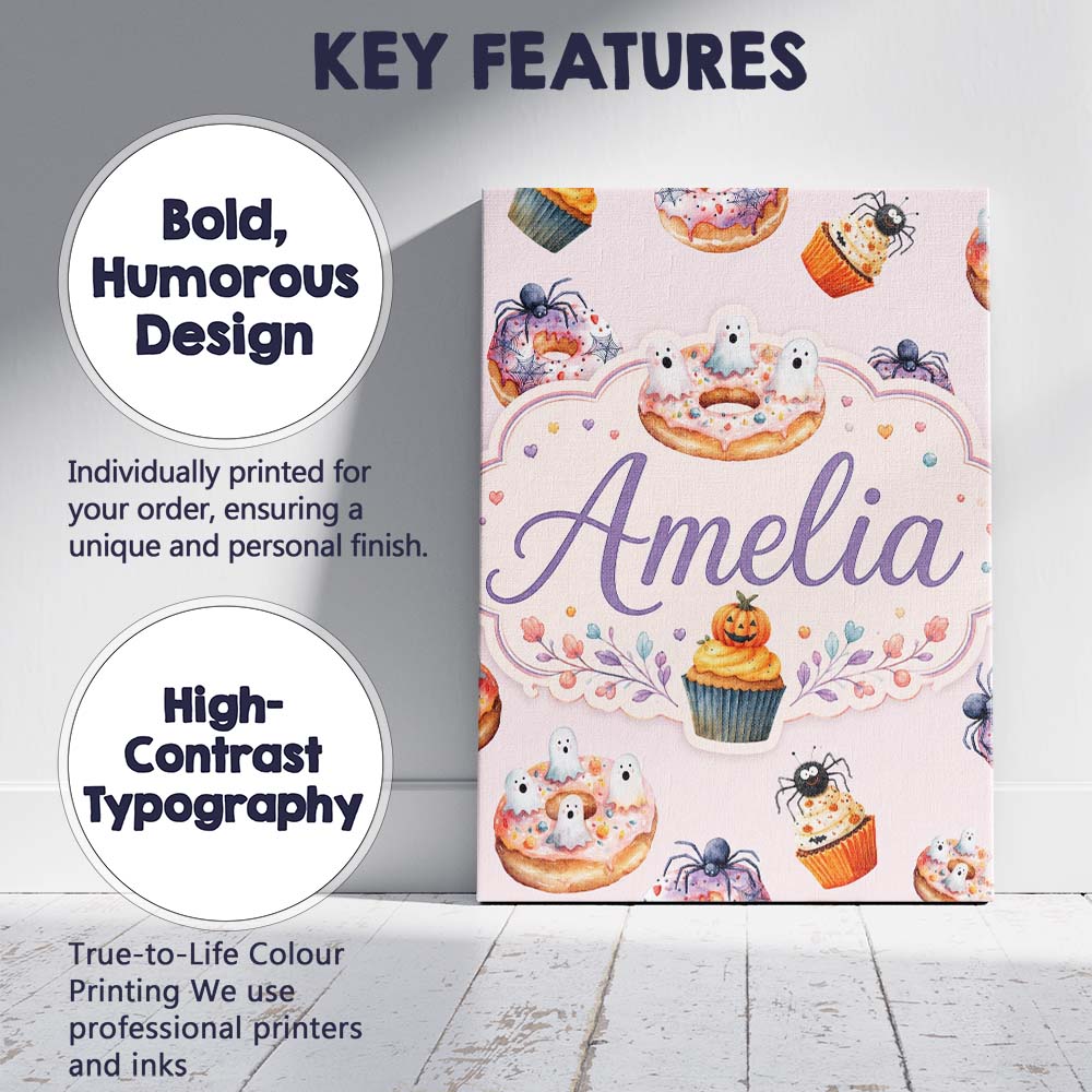 Personalised Name Halloween Donuts Cupcakes Custom  Bespoke Interior Contemporary Canvas Wall Art Print Decor Picture Ready to Hang