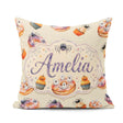 Custom Name Halloween Donuts Cupcakes and Spiders on Light Beige Square Filled Cushion Throw Pillow Sofa Bed Home Decor Zip Washable UK Made