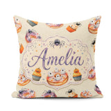 Custom Name Halloween Donuts Cupcakes and Spiders on Light Beige Square Filled Cushion Throw Pillow Sofa Bed Home Decor Zip Washable UK Made