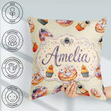 Custom Name Halloween Donuts Cupcakes and Spiders on Light Beige Square Filled Cushion Throw Pillow Sofa Bed Home Decor Zip Washable UK Made