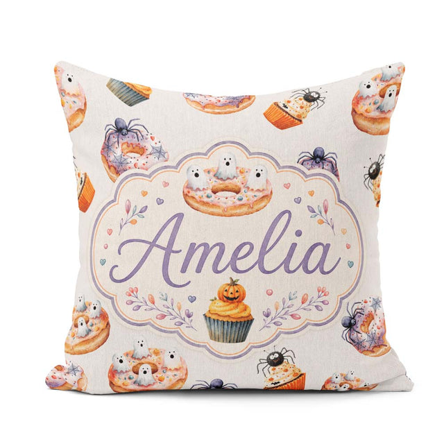Custom Name Halloween Cupcakes and Spiders on Neutral Background Square Filled Cushion Throw Pillow Sofa Bed Home Decor Zip Washable UK Made
