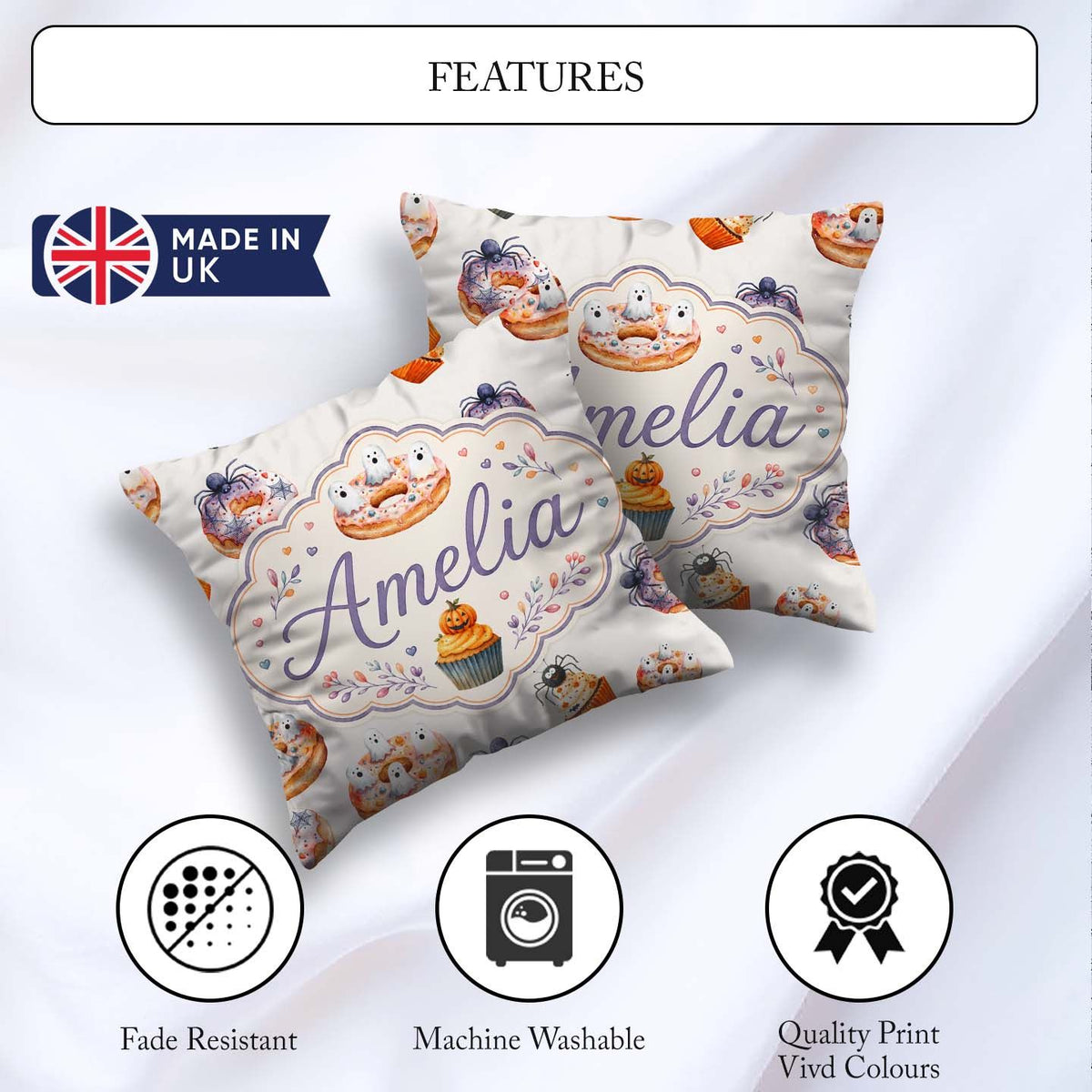 Custom Name Halloween Cupcakes and Spiders on Neutral Background Square Filled Cushion Throw Pillow Sofa Bed Home Decor Zip Washable UK Made