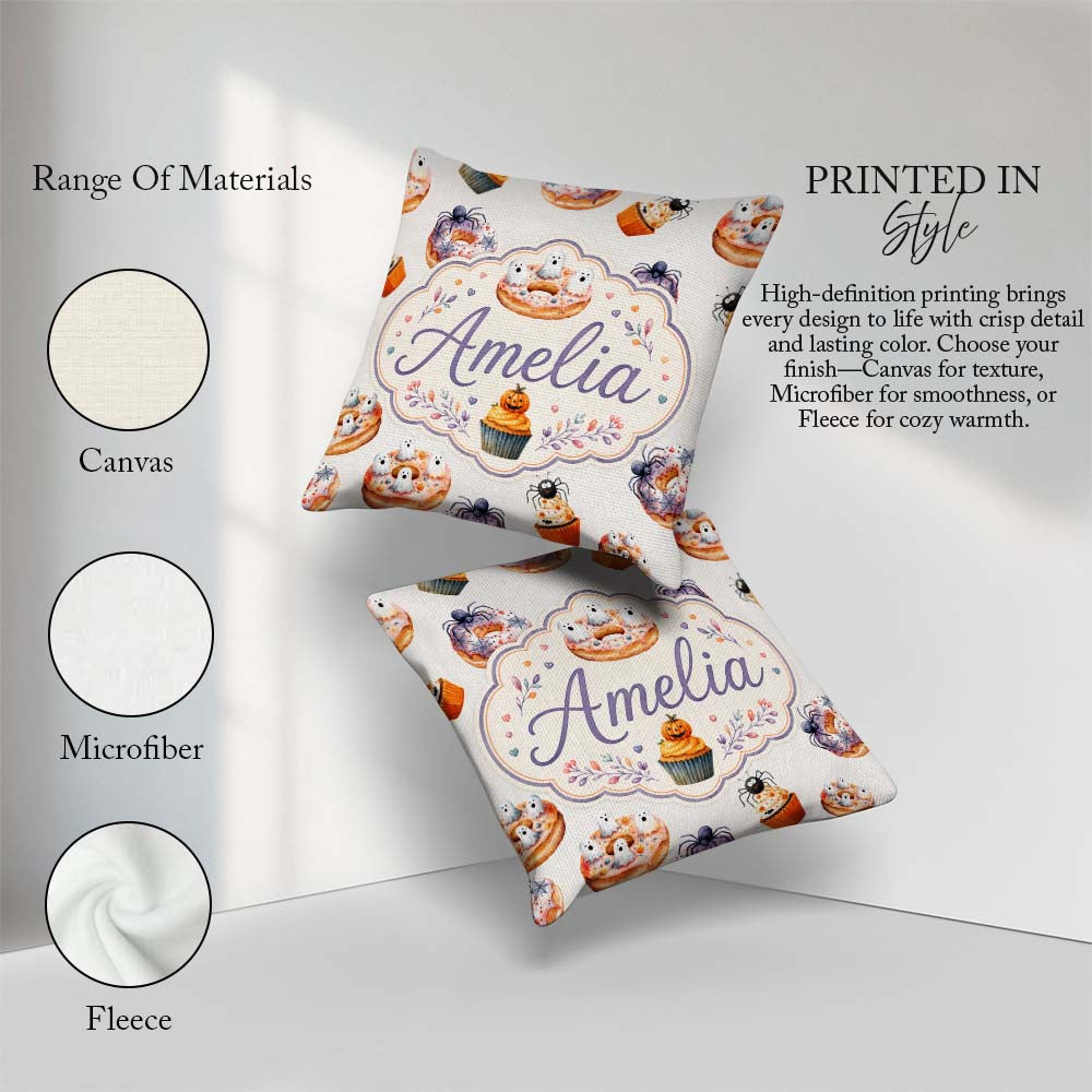 Custom Name Halloween Cupcakes and Spiders on Neutral Background Square Filled Cushion Throw Pillow Sofa Bed Home Decor Zip Washable UK Made