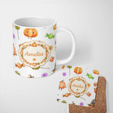Personalized Custom Name Cute Watercolor Pumpkins and Candy Sweets on Mint Green Background 11oz Ceramic Coffee Tea Mug White Large Handle