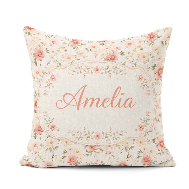 Custom Name Pastel Flower Meadow Seamless Pattern Beautiful Cup Square Filled Cushion Throw Pillow Sofa Bed Home Decor Zip Washable UK Made