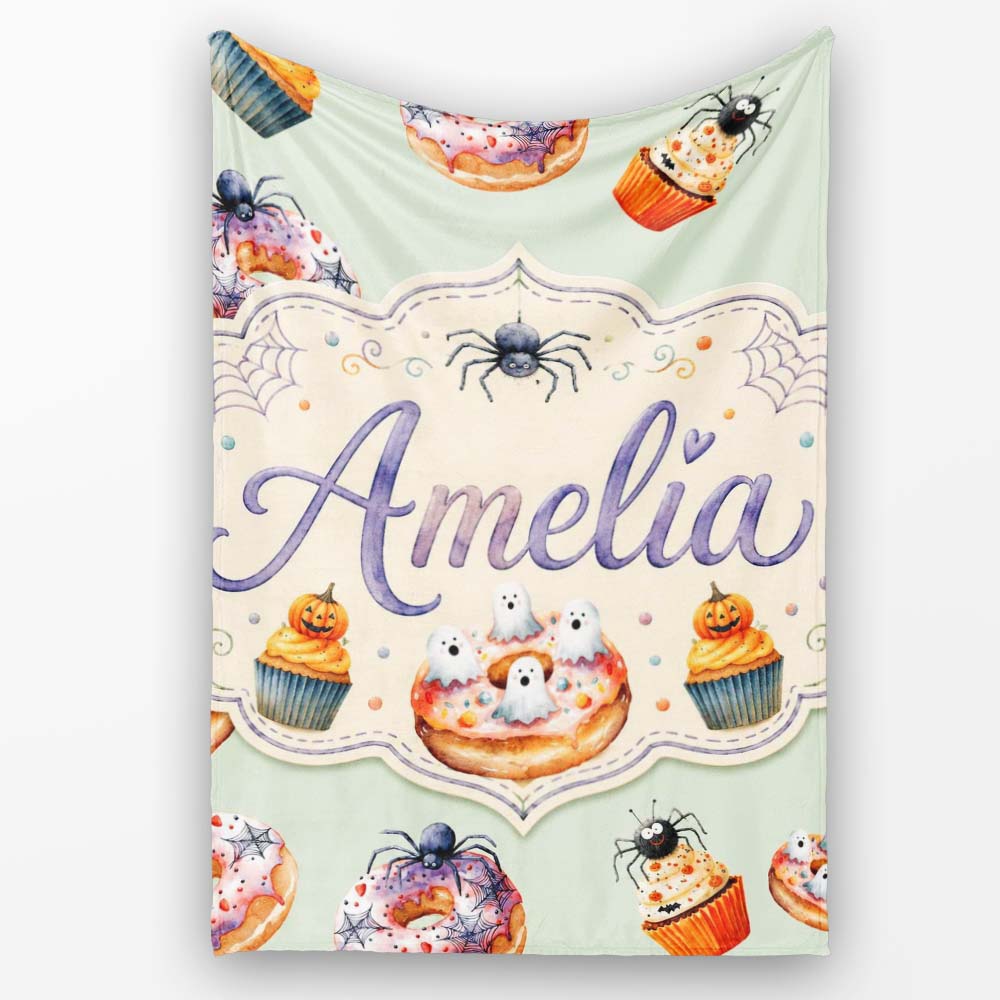Halloween Donuts Cupcakes Spiders and Ghosts Cute Sage Green Lovely  Personalised Custom Name Super Soft Fleece Blanket Bed Sofa Throw