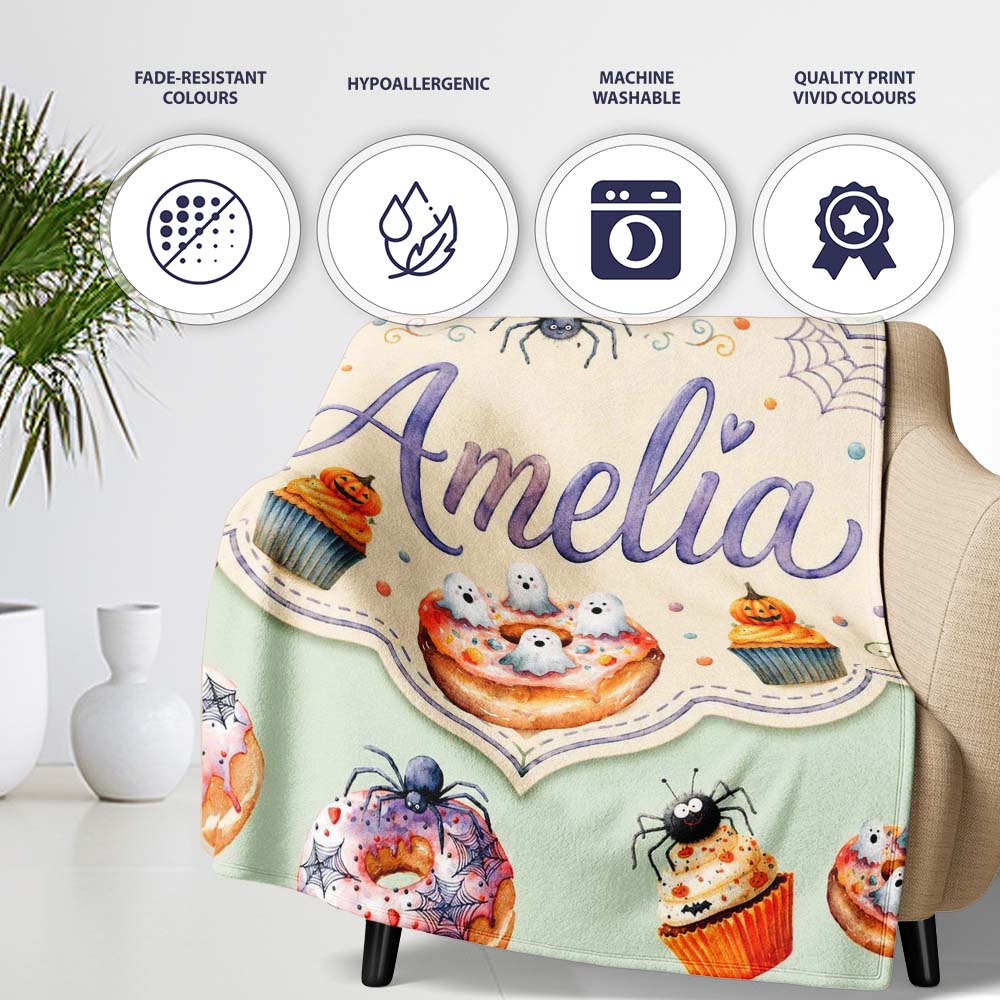Halloween Donuts Cupcakes Spiders and Ghosts Cute Sage Green Lovely  Personalised Custom Name Super Soft Fleece Blanket Bed Sofa Throw