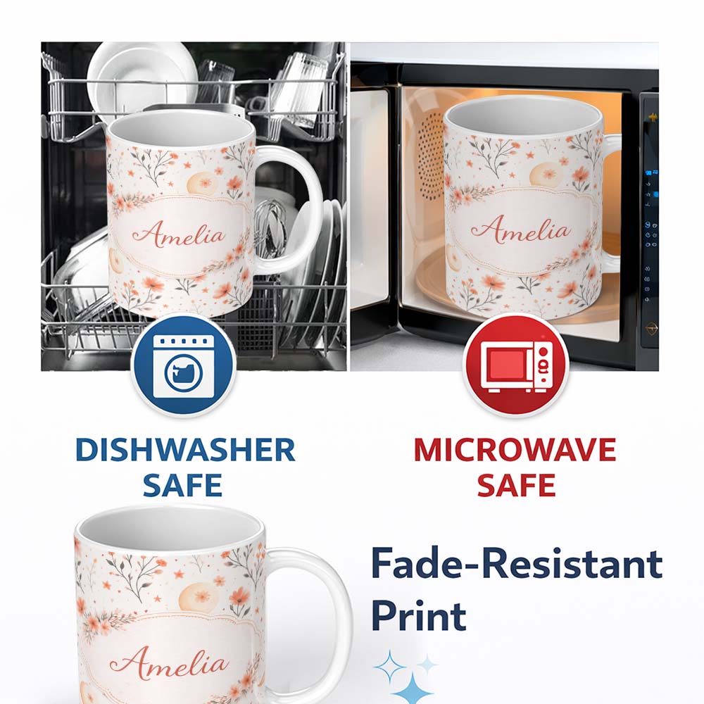 Personalized Custom Name Watercolor Peach Floral Moon Star Botanical Seamless Pattern Lovely 11oz Ceramic Coffee Tea Mug White Large Handle