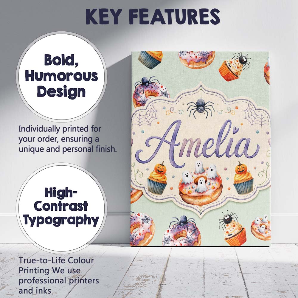 Personalised Name Halloween Donuts Cupcakes Custom  Bespoke Interior Contemporary Canvas Wall Art Print Decor Picture Ready to Hang