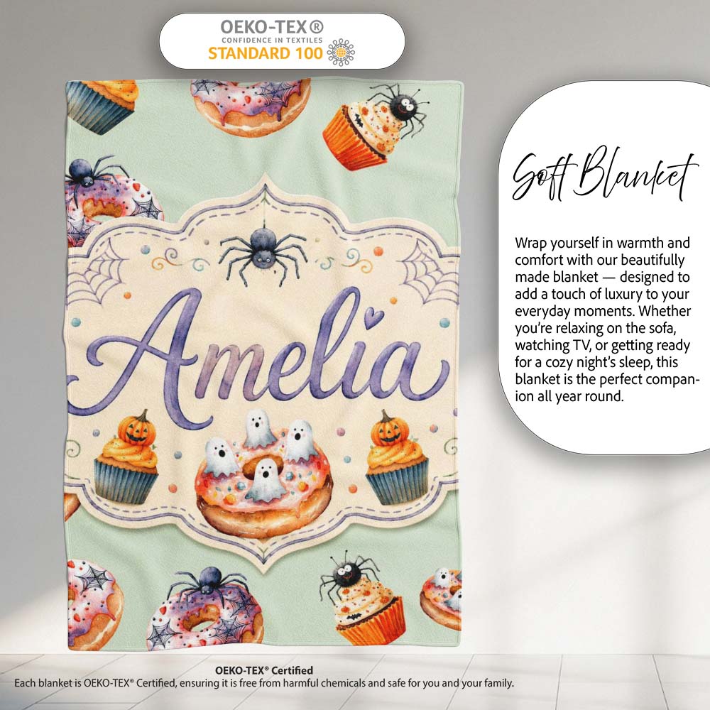 Halloween Donuts Cupcakes Spiders and Ghosts Cute Sage Green Lovely  Personalised Custom Name Super Soft Fleece Blanket Bed Sofa Throw