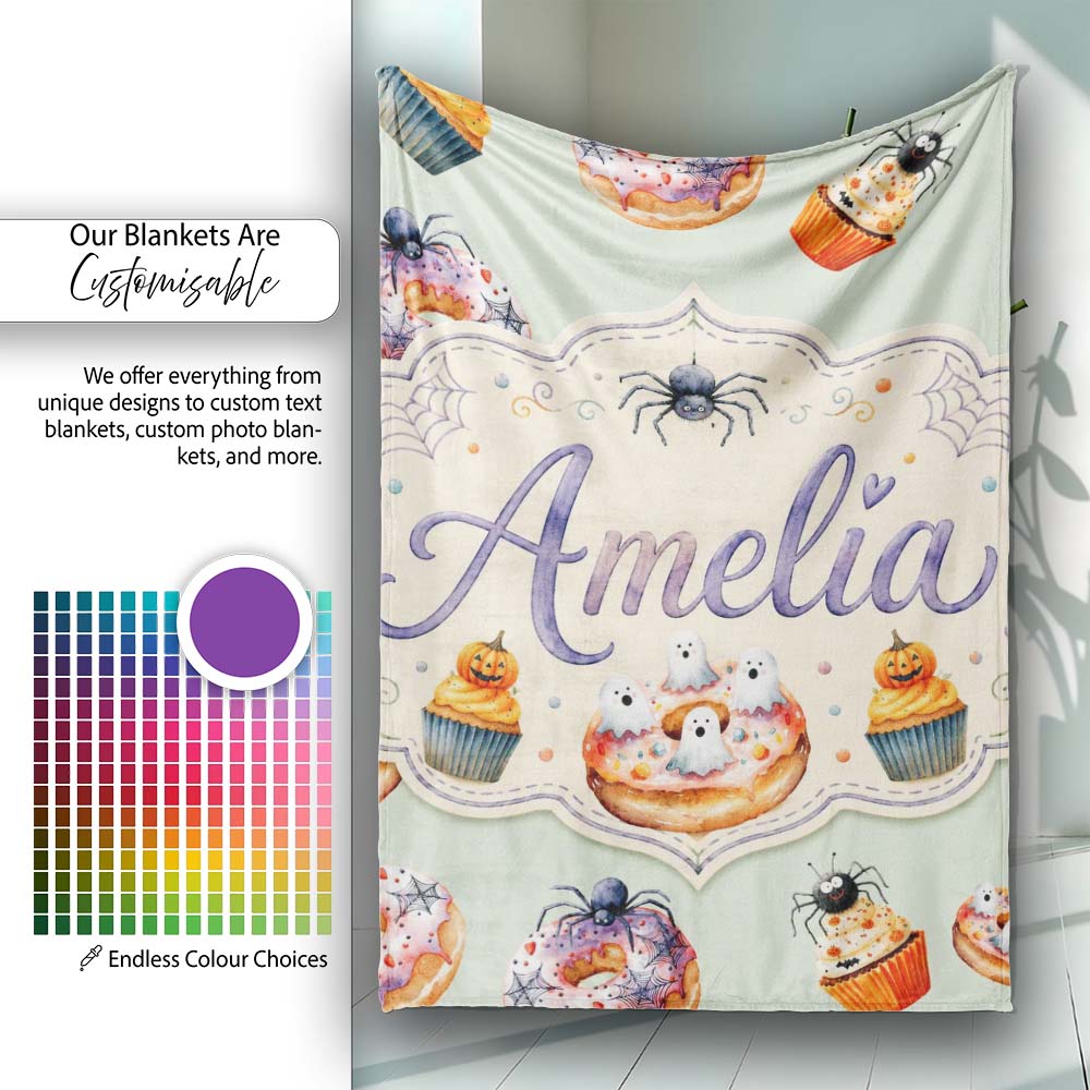 Halloween Donuts Cupcakes Spiders and Ghosts Cute Sage Green Lovely  Personalised Custom Name Super Soft Fleece Blanket Bed Sofa Throw