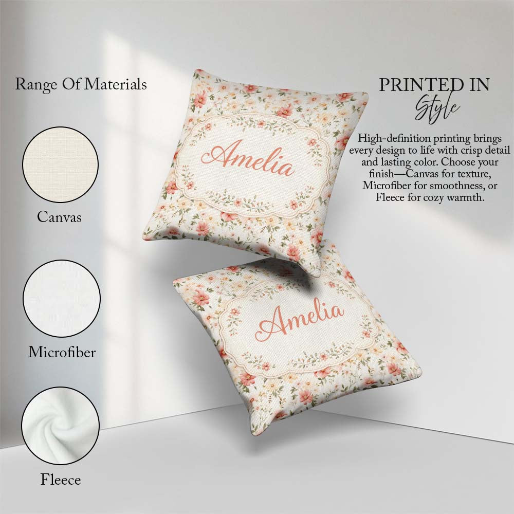 Custom Name Pastel Flower Meadow Seamless Pattern Beautiful Cup Square Filled Cushion Throw Pillow Sofa Bed Home Decor Zip Washable UK Made