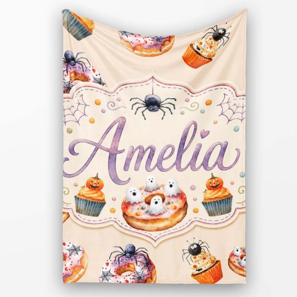 Halloween Donuts Cupcakes Spiders and Ghosts Cute Warm Beige Lovely  Personalised Custom Name Super Soft Fleece Blanket Bed Sofa Throw