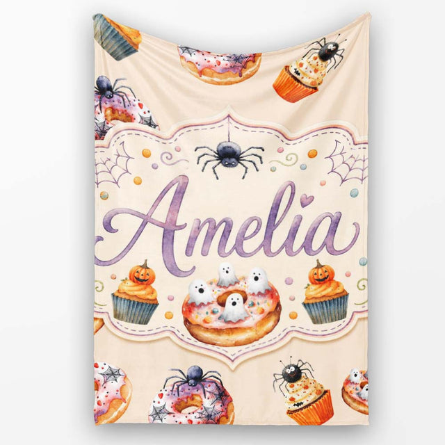 Halloween Donuts Cupcakes Spiders and Ghosts Cute Warm Beige Lovely  Personalised Custom Name Super Soft Fleece Blanket Bed Sofa Throw