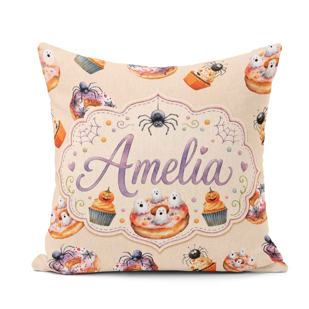 Custom Name Halloween Donuts Cupcakes and Ghosts Cute Warm Beige Square Filled Cushion Throw Pillow Sofa Bed Home Decor Zip Washable UK Made
