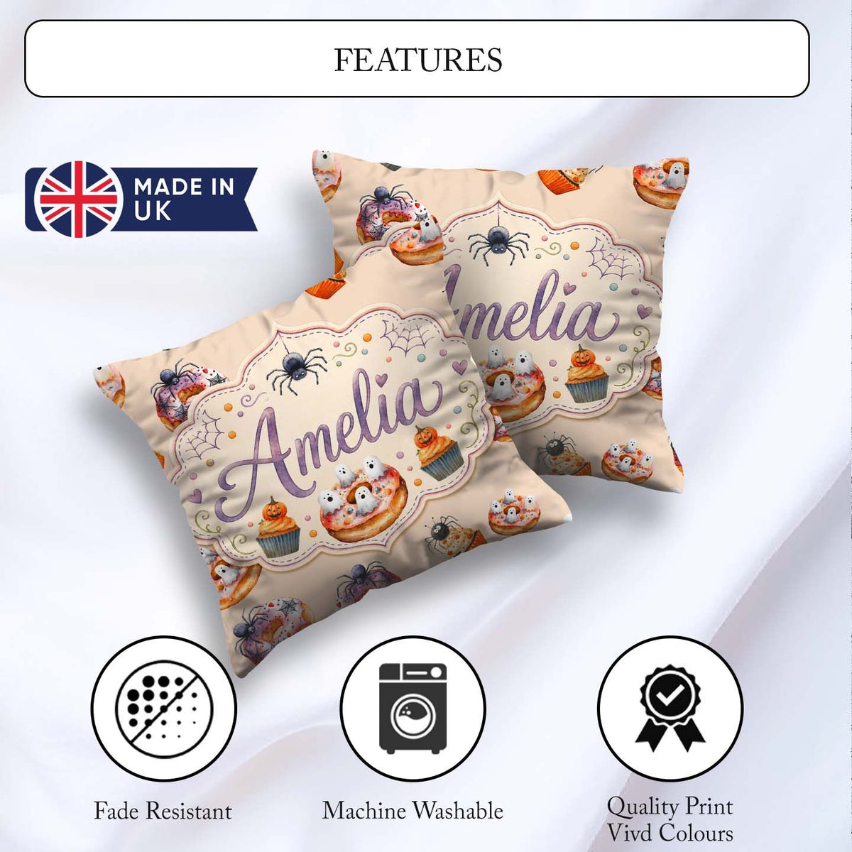 Custom Name Halloween Donuts Cupcakes and Ghosts Cute Warm Beige Square Filled Cushion Throw Pillow Sofa Bed Home Decor Zip Washable UK Made