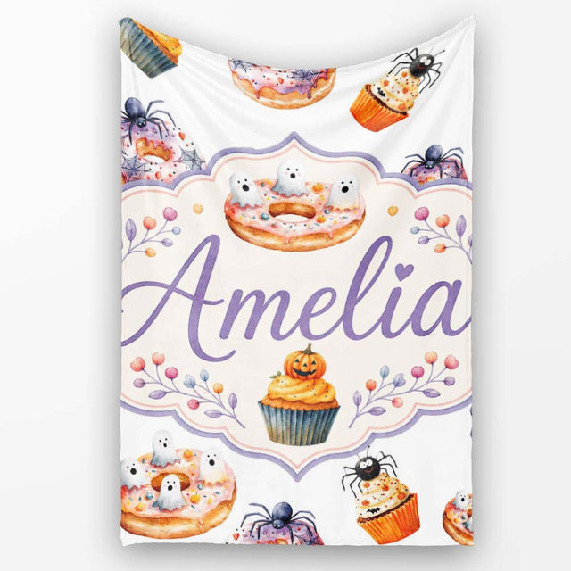 Halloween Donuts Cupcakes Spiders and Ghosts Cute Light Grey Lovely  Personalised Custom Name Super Soft Fleece Blanket Bed Sofa Throw