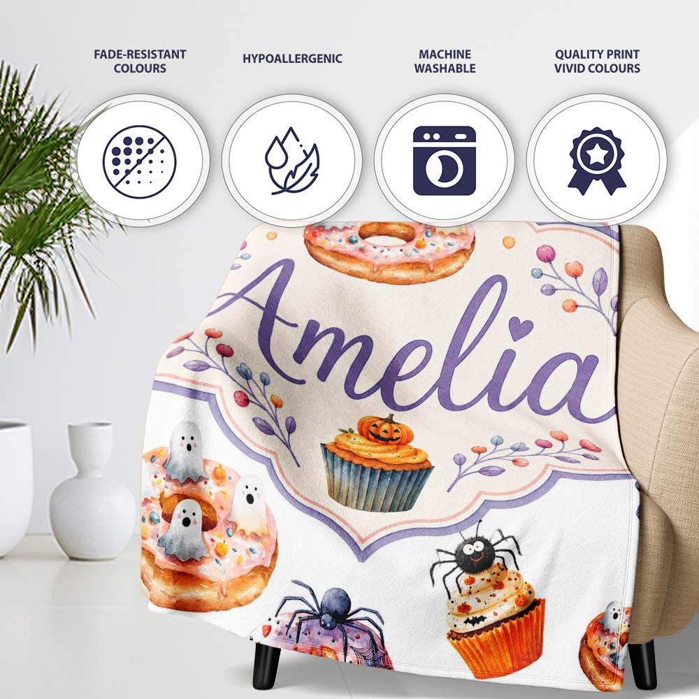 Halloween Donuts Cupcakes Spiders and Ghosts Cute Light Grey Lovely  Personalised Custom Name Super Soft Fleece Blanket Bed Sofa Throw