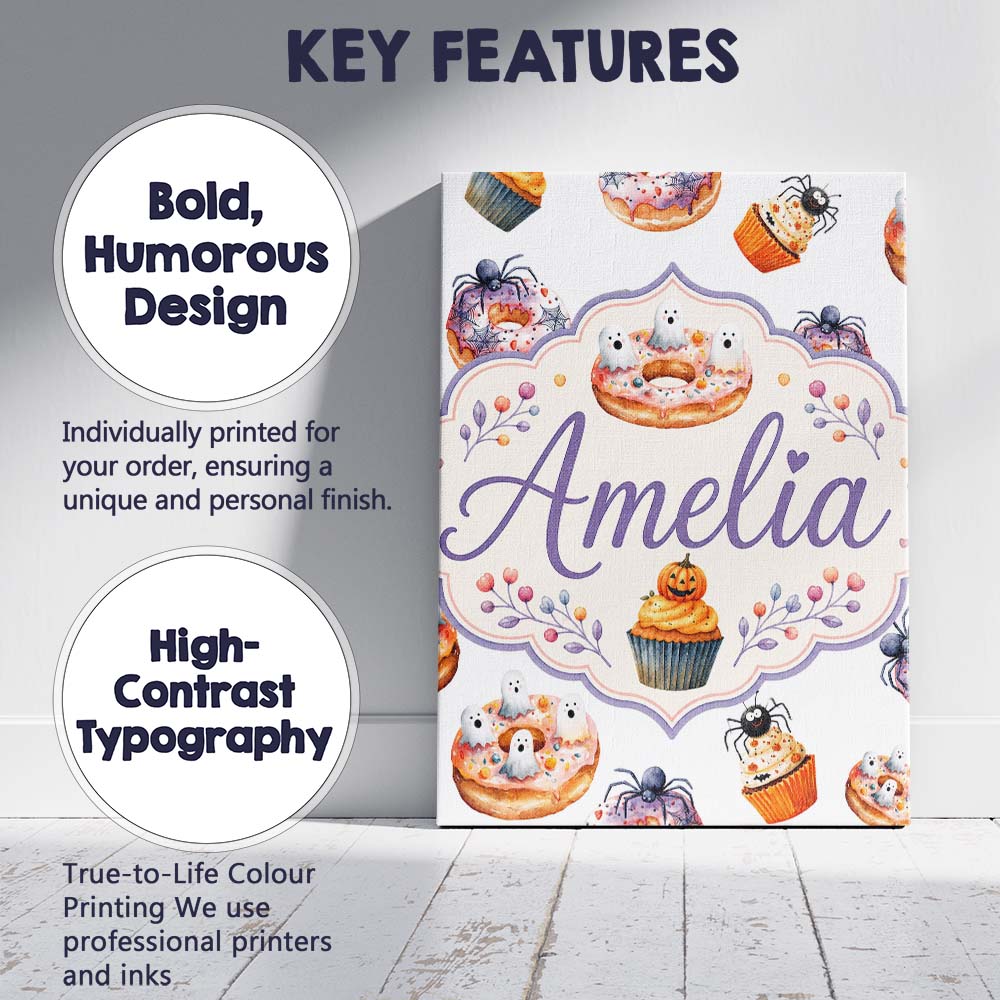 Personalised Name Halloween Donuts Cupcakes Custom  Bespoke Interior Contemporary Canvas Wall Art Print Decor Picture Ready to Hang