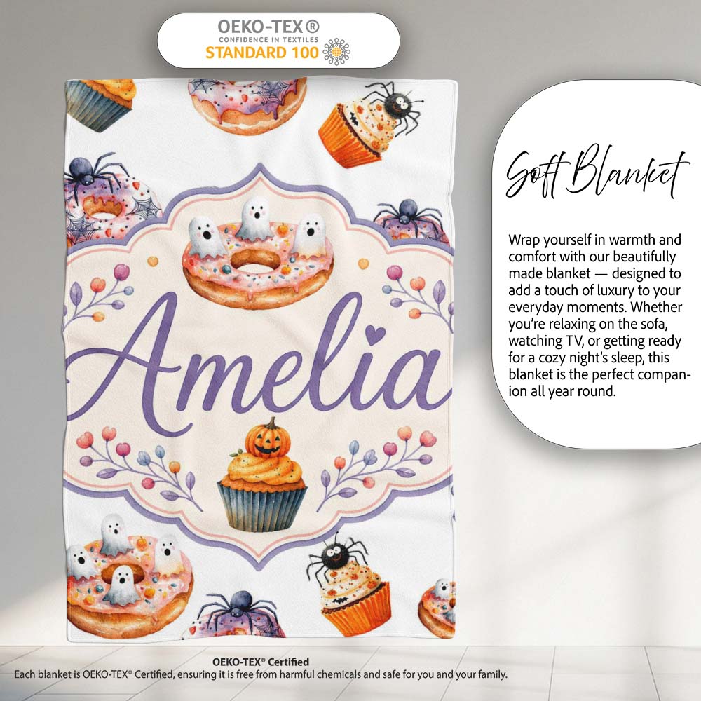 Halloween Donuts Cupcakes Spiders and Ghosts Cute Light Grey Lovely  Personalised Custom Name Super Soft Fleece Blanket Bed Sofa Throw