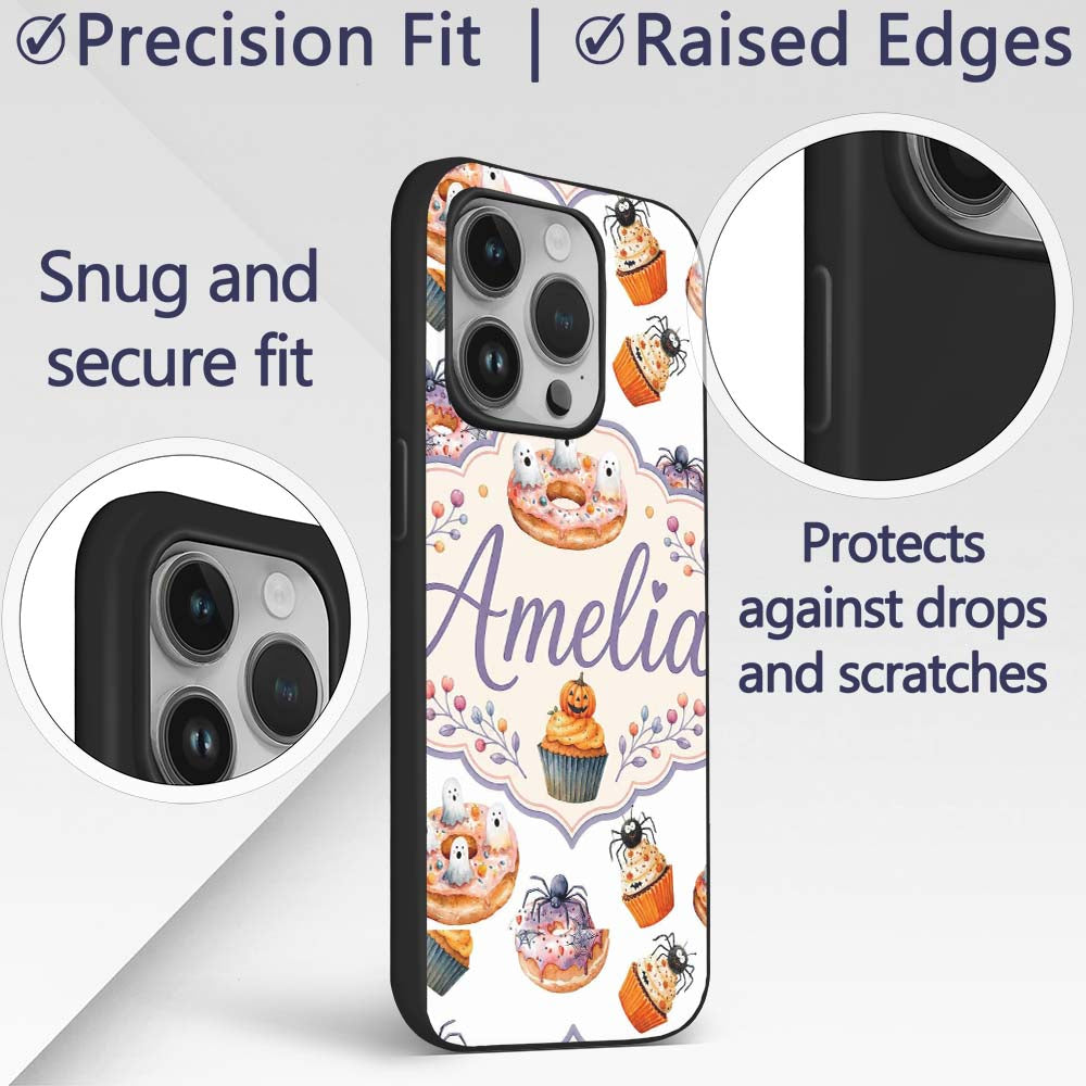 Halloween Donuts Cupcakes Spiders and Ghosts Cute Custom Name Protective Phone Case Mobile Cover Durable Everyday Smartphone Shock Resistant