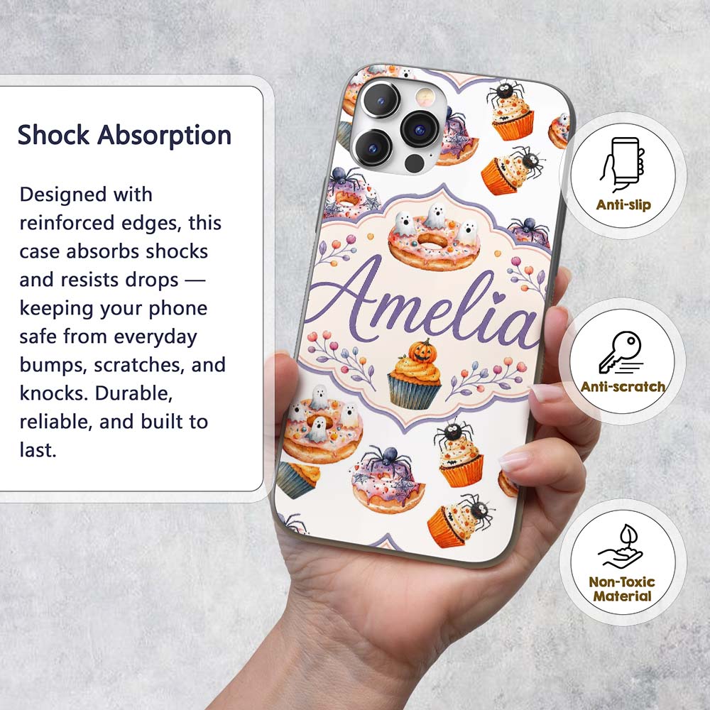 Halloween Donuts Cupcakes Spiders and Ghosts Cute Custom Name Protective Phone Case Mobile Cover Durable Everyday Smartphone Shock Resistant