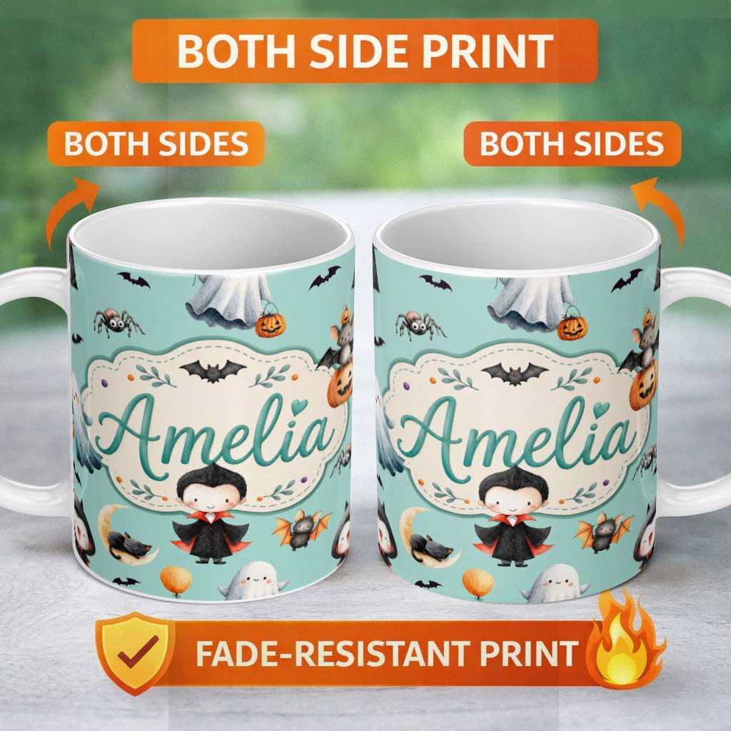 Personalized Custom Name Halloween Vampire Ghost Bats Spooky Characters Mint Green Seamless 11oz Ceramic Coffee Tea Mug White Large Handle
