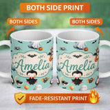 Personalized Custom Name Halloween Vampire Ghost Bats Spooky Characters Mint Green Seamless 11oz Ceramic Coffee Tea Mug White Large Handle