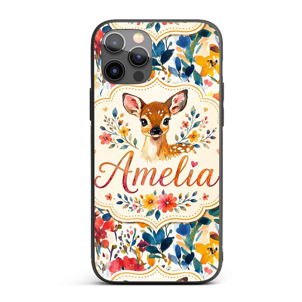 Watercolor Baby Deer Fawn with Colorful Floral Custom Name Protective Phone Case Mobile Cover Durable Everyday Smartphone Shock Resistant