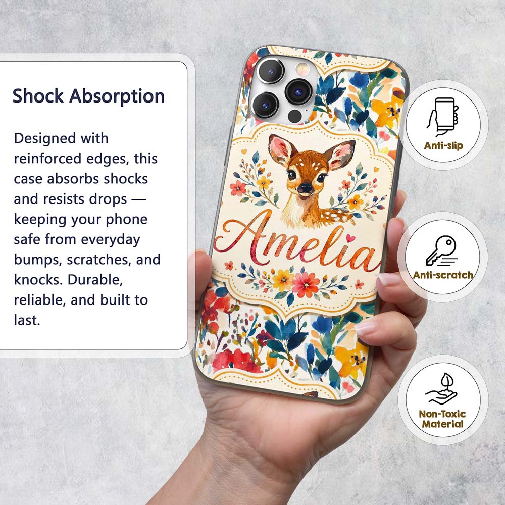 Watercolor Baby Deer Fawn with Colorful Floral Custom Name Protective Phone Case Mobile Cover Durable Everyday Smartphone Shock Resistant