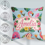 Custom Name Tropical Flamingo with Flowers and Leaves Background Square Filled Cushion Throw Pillow Sofa Bed Home Decor Zip Washable UK Made