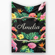 Tropical Flamingo with Hibiscus Flowers and Leaves Black Background  Personalised Custom Name Super Soft Fleece Blanket Bed Sofa Throw