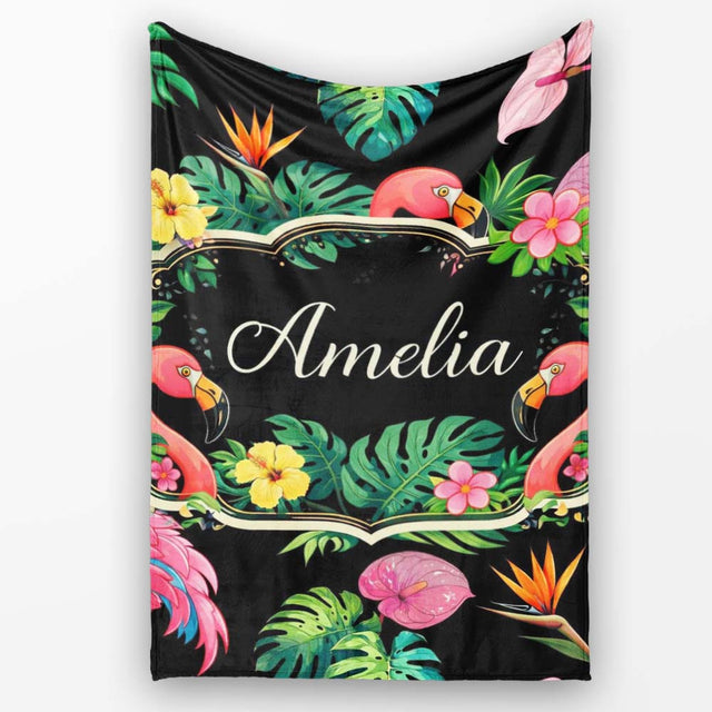 Tropical Flamingo with Hibiscus Flowers and Leaves Black Background  Personalised Custom Name Super Soft Fleece Blanket Bed Sofa Throw