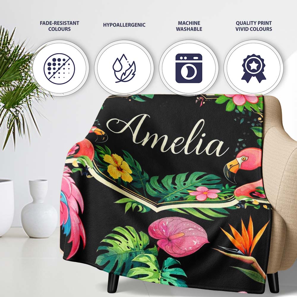 Tropical Flamingo with Hibiscus Flowers and Leaves Black Background  Personalised Custom Name Super Soft Fleece Blanket Bed Sofa Throw