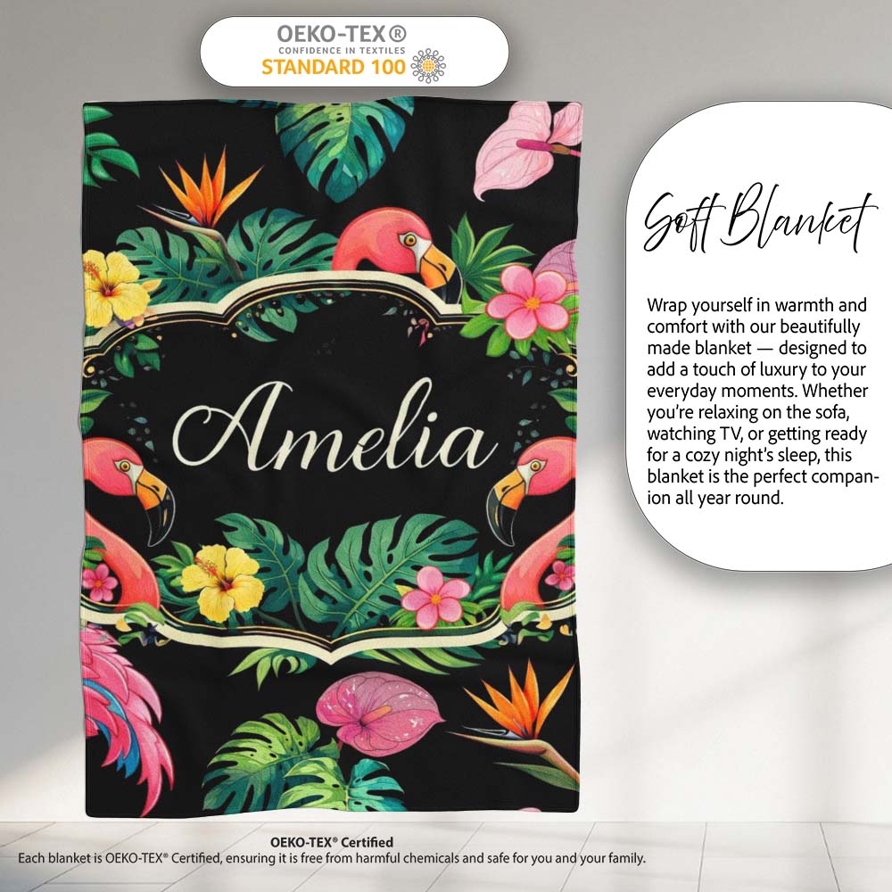Tropical Flamingo with Hibiscus Flowers and Leaves Black Background  Personalised Custom Name Super Soft Fleece Blanket Bed Sofa Throw