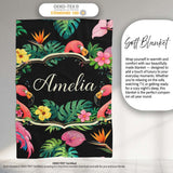 Tropical Flamingo with Hibiscus Flowers and Leaves Black Background  Personalised Custom Name Super Soft Fleece Blanket Bed Sofa Throw