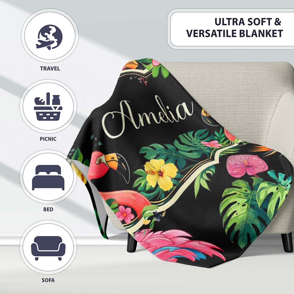 Tropical Flamingo with Hibiscus Flowers and Leaves Black Background  Personalised Custom Name Super Soft Fleece Blanket Bed Sofa Throw