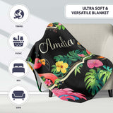 Tropical Flamingo with Hibiscus Flowers and Leaves Black Background  Personalised Custom Name Super Soft Fleece Blanket Bed Sofa Throw