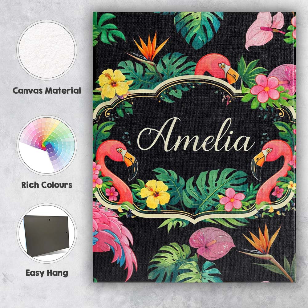 Personalised Name Tropical Flamingo with Custom  Unique Gift Idea Elegant Feature Canvas Wall Art Print Decor Picture Ready to Hang