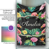 Tropical Flamingo with Hibiscus Flowers and Leaves Black Background  Personalised Custom Name Super Soft Fleece Blanket Bed Sofa Throw