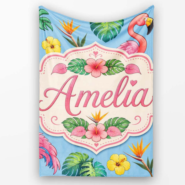 Tropical Flamingo with Hibiscus Flowers and Leaves Sky Blue Lovely  Personalised Custom Name Super Soft Fleece Blanket Bed Sofa Throw