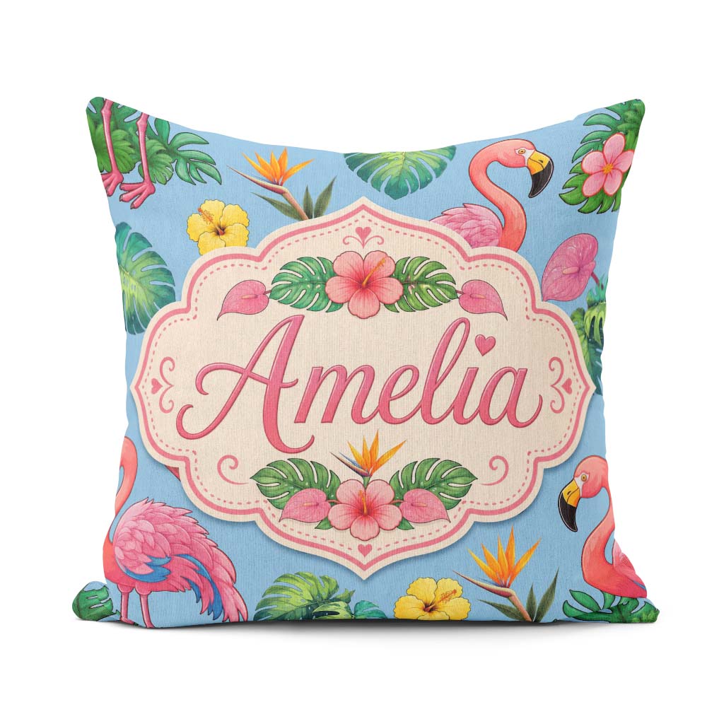 Custom Name Tropical Flamingo with Hibiscus Flowers and Sky Blue Square Filled Cushion Throw Pillow Sofa Bed Home Decor Zip Washable UK Made