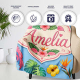 Tropical Flamingo with Hibiscus Flowers and Leaves Sky Blue Lovely  Personalised Custom Name Super Soft Fleece Blanket Bed Sofa Throw