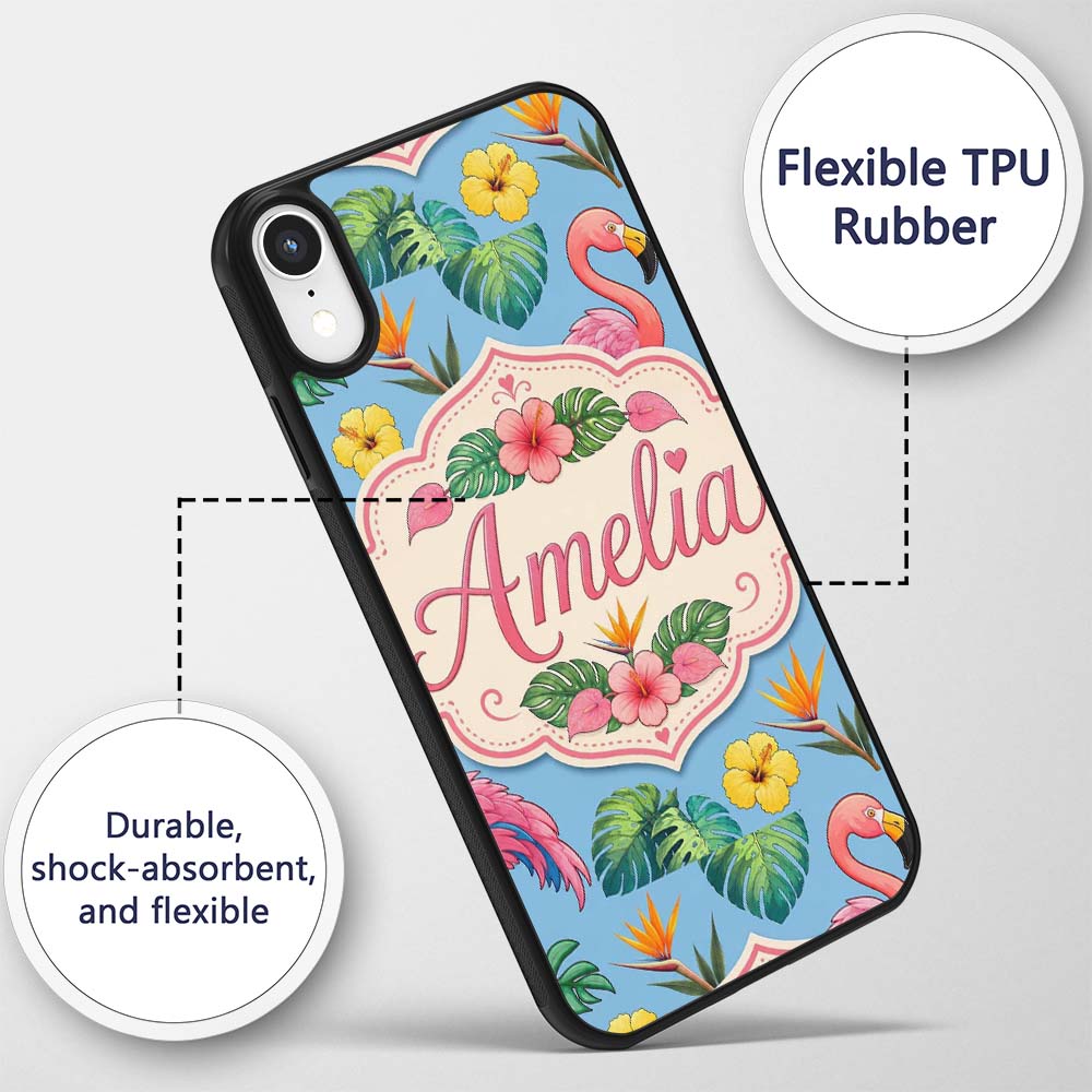 Tropical Flamingo with Hibiscus Printed Design Custom Name Protective Phone Case Mobile Cover Durable Everyday Smartphone Shock Resistant