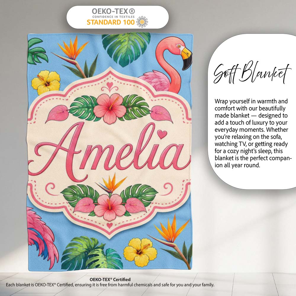 Tropical Flamingo with Hibiscus Flowers and Leaves Sky Blue Lovely  Personalised Custom Name Super Soft Fleece Blanket Bed Sofa Throw