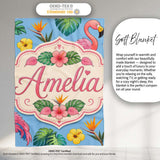 Tropical Flamingo with Hibiscus Flowers and Leaves Sky Blue Lovely  Personalised Custom Name Super Soft Fleece Blanket Bed Sofa Throw