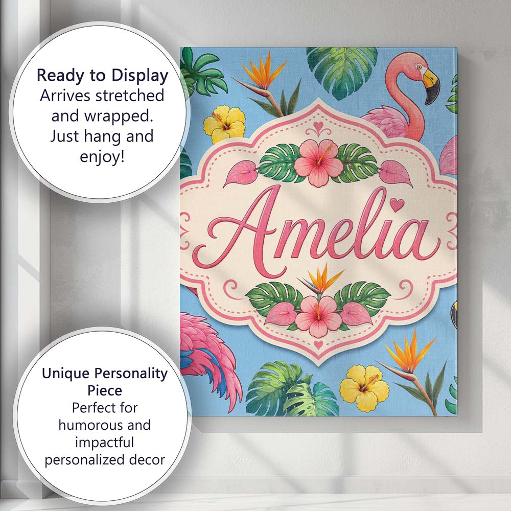 Personalised Name Tropical Flamingo with Custom  Unique Gift Idea Elegant Feature Canvas Wall Art Print Decor Picture Ready to Hang
